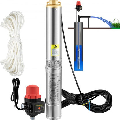 Dränkbar djupbrunnspump, 750W 230V/50Hz, 105L/min 62 m tryckhöjd, 20 m sladd och automatisk tryckbrytare, 8,9 cm vattenpumpar i rostfritt stål för industri, bevattning och hemmabruk, IP68 vattentät