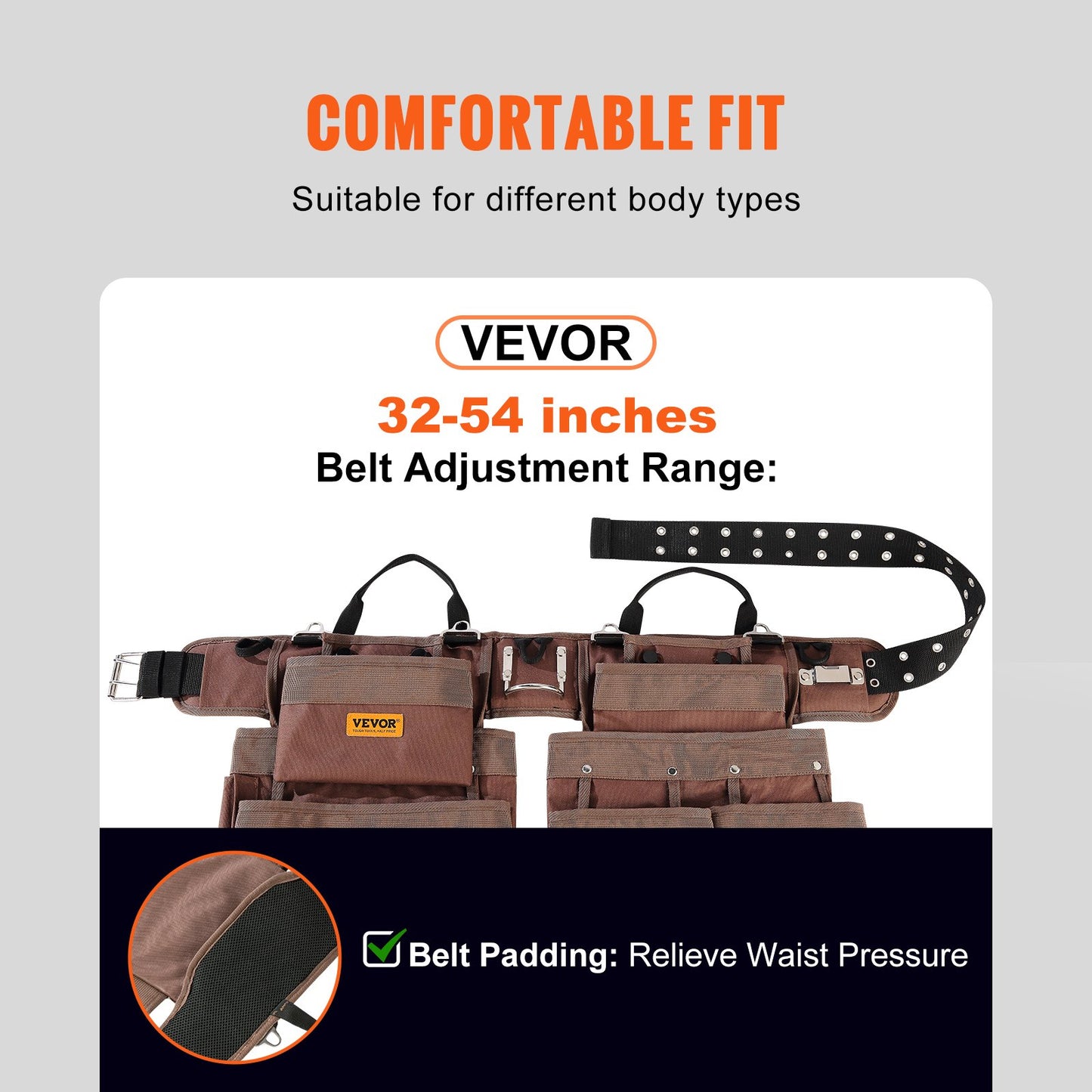 Verktygsbälte, 19 fickor, justerbar från 89 cm till 147 cm, kraftig verktygsväska i polyester, avtagbar verktygsväska för elektriker, snickare, hantverkare, träarbetare, bygg, ramare, brun