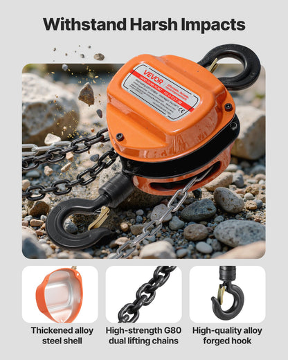 Hand Chain Hoist, 1/2 Ton Capacity, Manual Chain Block with Upgrade G80 Galvanized Chain, 3 m Lifting Height, Heavy Duty Pulley Hoist for Garage Warehouse Automotive Machinery, Orange