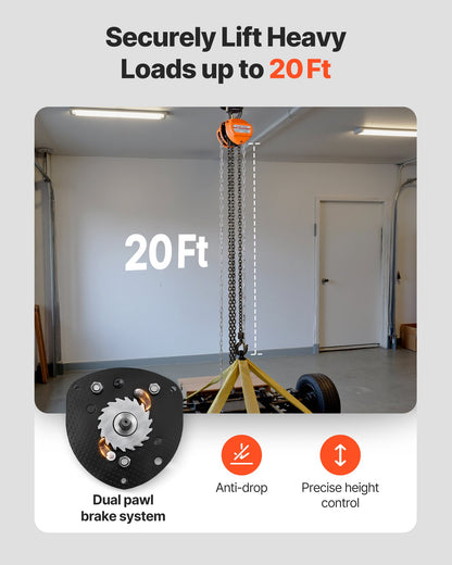 Handtelfer, 1 ton kapacitet, manuell kedjeblock med uppgradering G80 galvaniserad kedja, 6 m lyfthöjd, kraftig remskivetelfer för garage, lager, fordonsmaskiner, orange