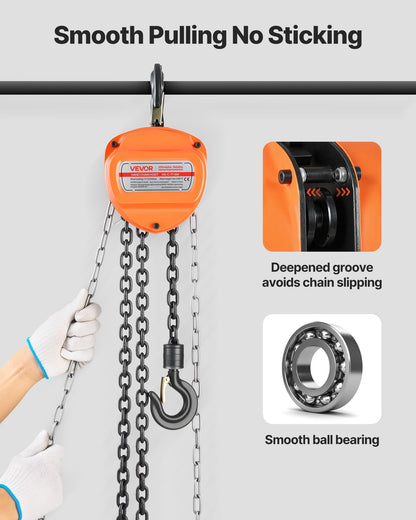 Handtelfer, 1 ton kapacitet, manuell kedjeblock med uppgradering G80 galvaniserad kedja, 6 m lyfthöjd, kraftig remskivetelfer för garage, lager, fordonsmaskiner, orange