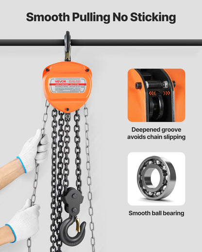 Handtelfer, 2 tons kapacitet, manuell kedjeblock med uppgradering G80 galvaniserad kedja, 3 m lyfthöjd, kraftig remskivetelfer för garage, lager, fordonsmaskiner, orange
