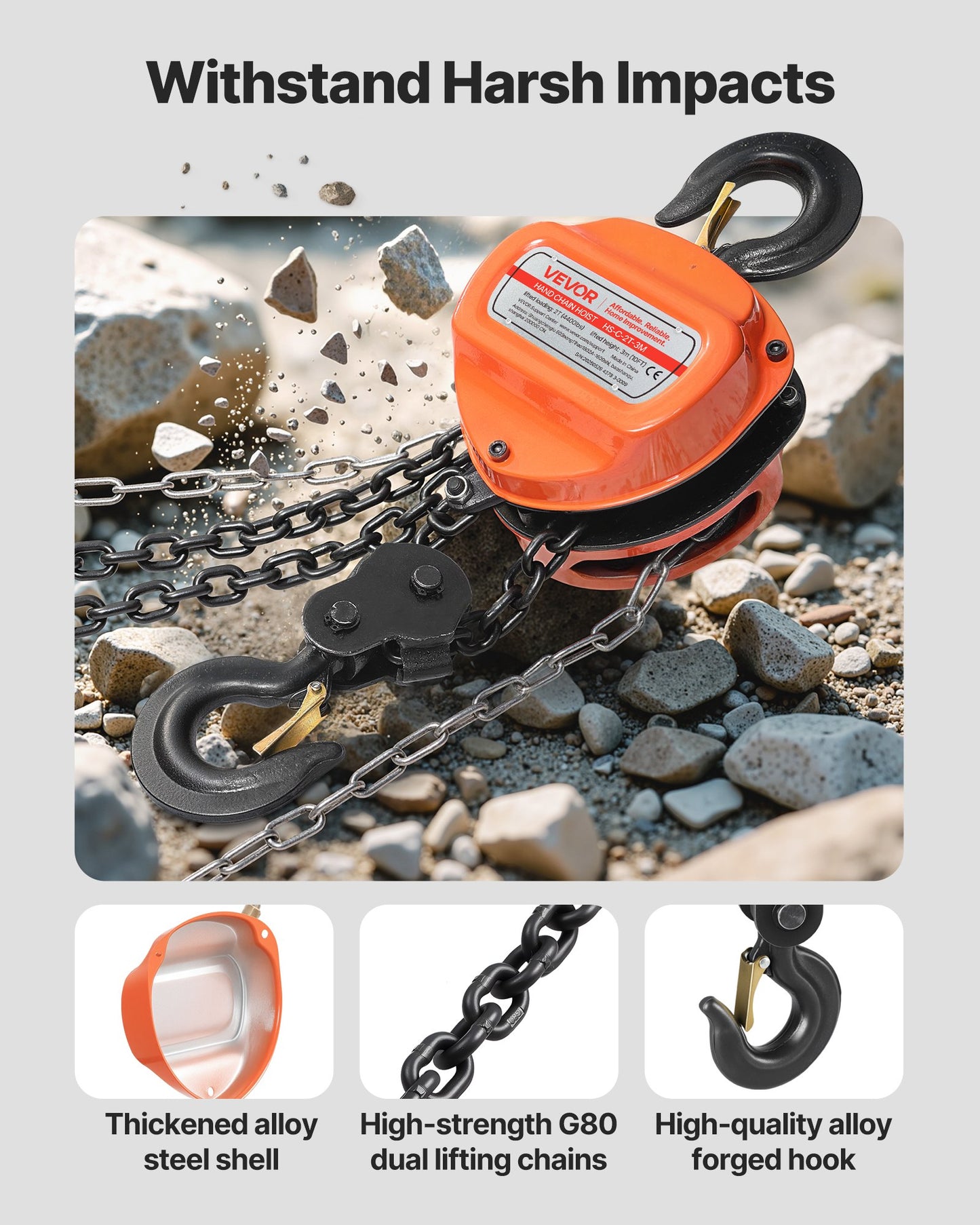 Handtelfer, 2 tons kapacitet, manuell kedjeblock med uppgradering G80 galvaniserad kedja, 3 m lyfthöjd, kraftig remskivetelfer för garage, lager, fordonsmaskiner, orange