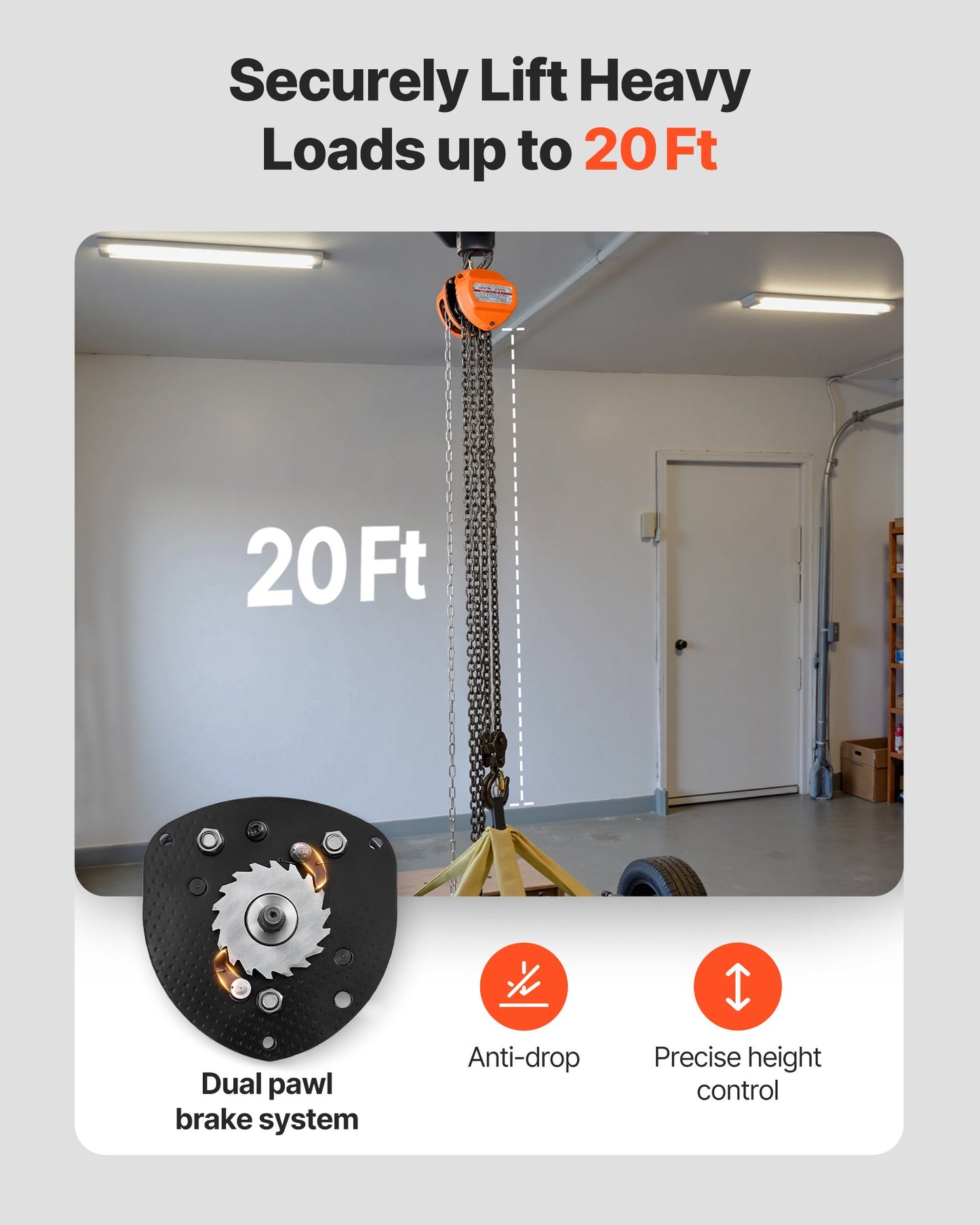 Hand Chain Hoist, 2 Ton Capacity, Manual Chain Block with Upgrade G80 Galvanized Chain, 6 m Lifting Height, Heavy Duty Pulley Hoist for Garage Warehouse Automotive Machinery, Orange