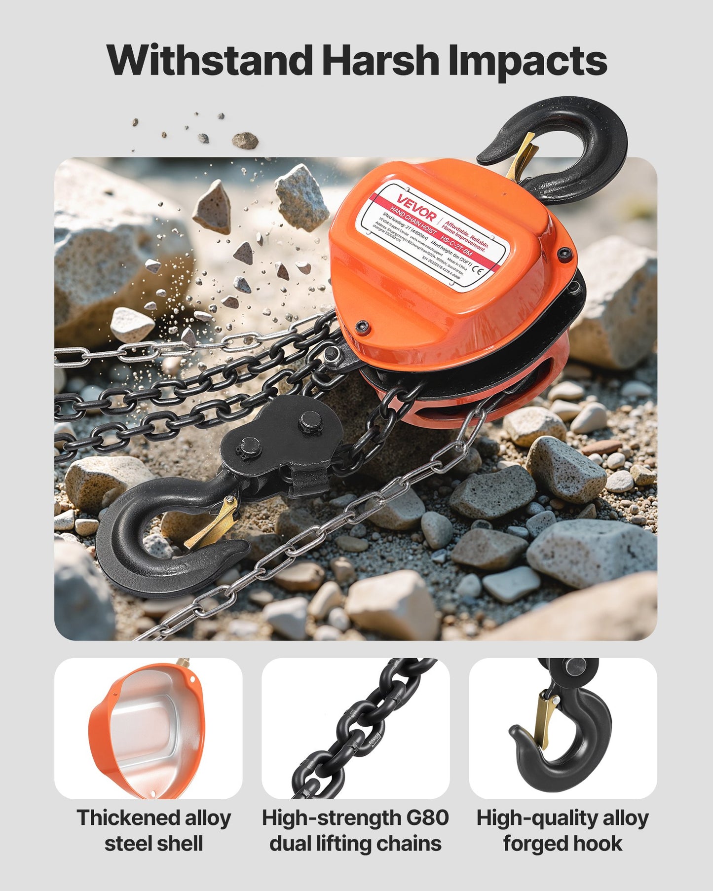 Hand Chain Hoist, 2 Ton Capacity, Manual Chain Block with Upgrade G80 Galvanized Chain, 6 m Lifting Height, Heavy Duty Pulley Hoist for Garage Warehouse Automotive Machinery, Orange
