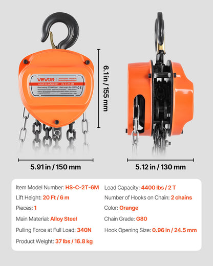 Hand Chain Hoist, 2 Ton Capacity, Manual Chain Block with Upgrade G80 Galvanized Chain, 6 m Lifting Height, Heavy Duty Pulley Hoist for Garage Warehouse Automotive Machinery, Orange