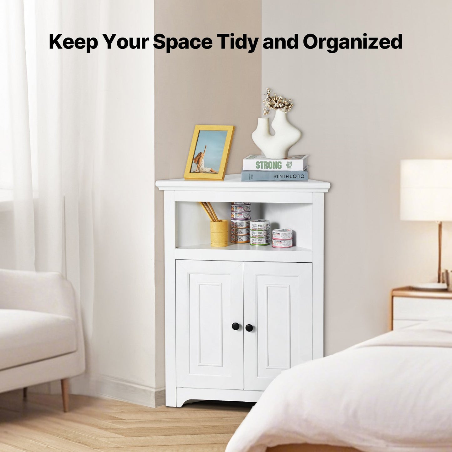32" Corner Storage Cabinet, 3 Tiers Small Storage Cabinet with 2 Wooden Doors & Adjustable Shelves, Freestanding Corner Kitchen Cabinet for Living Room, Kitchen, Laundry Room, Bathroom, White