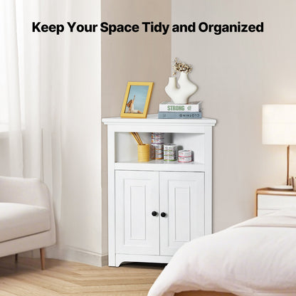32" Corner Storage Cabinet, 3 Tiers Small Storage Cabinet with 2 Wooden Doors & Adjustable Shelves, Freestanding Corner Kitchen Cabinet for Living Room, Kitchen, Laundry Room, Bathroom, White