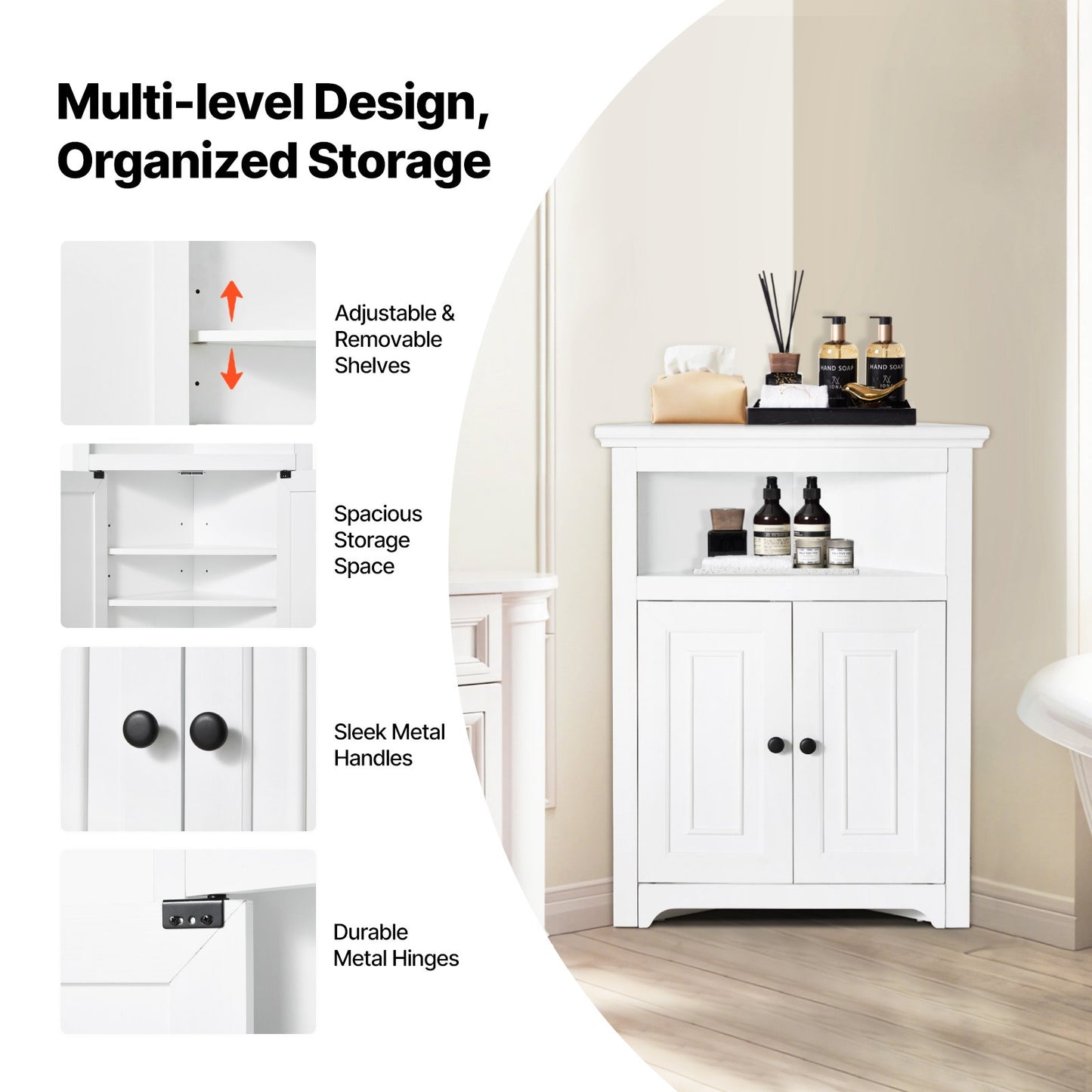 32" Corner Storage Cabinet, 3 Tiers Small Storage Cabinet with 2 Wooden Doors & Adjustable Shelves, Freestanding Corner Kitchen Cabinet for Living Room, Kitchen, Laundry Room, Bathroom, White