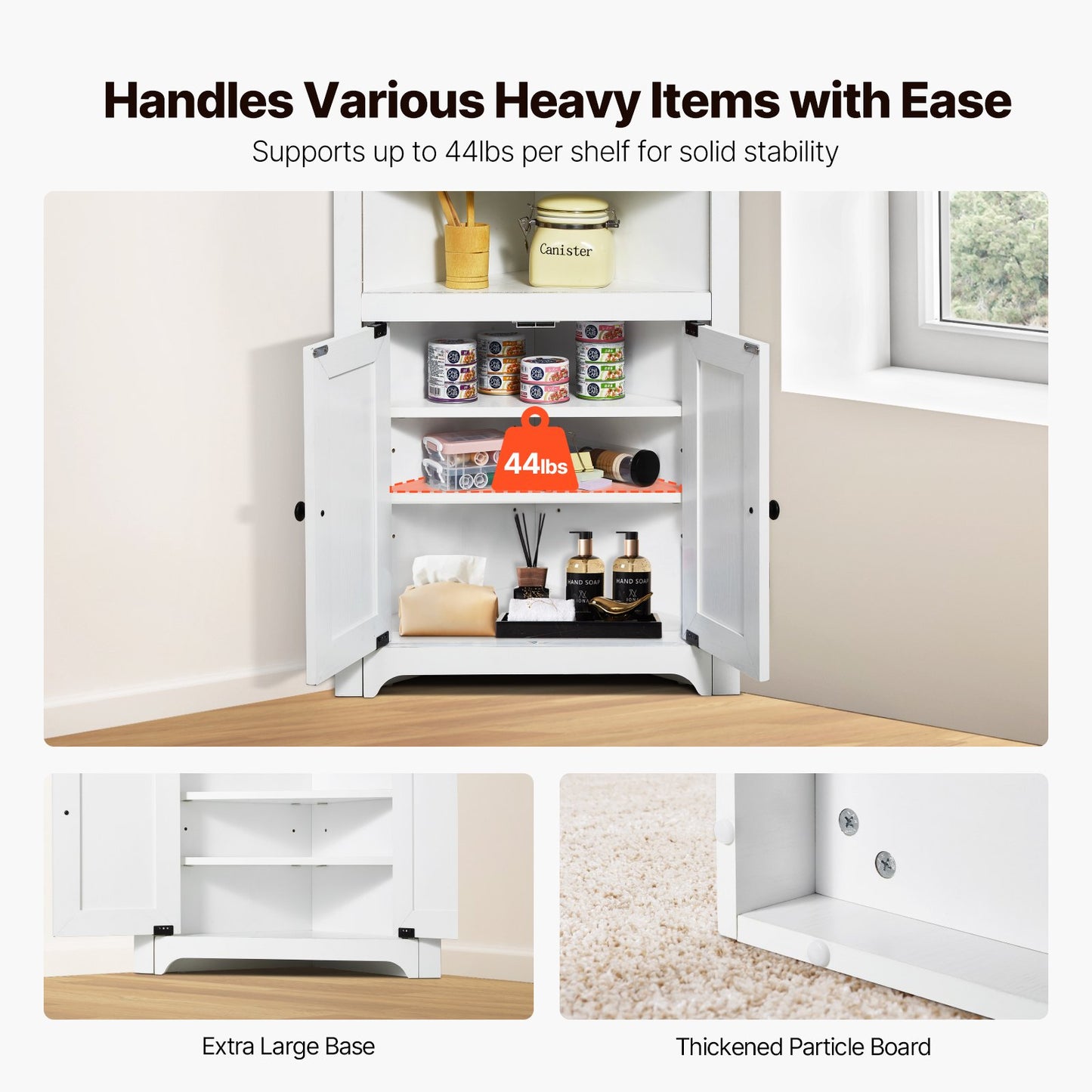32" Corner Storage Cabinet, 3 Tiers Small Storage Cabinet with 2 Wooden Doors & Adjustable Shelves, Freestanding Corner Kitchen Cabinet for Living Room, Kitchen, Laundry Room, Bathroom, White