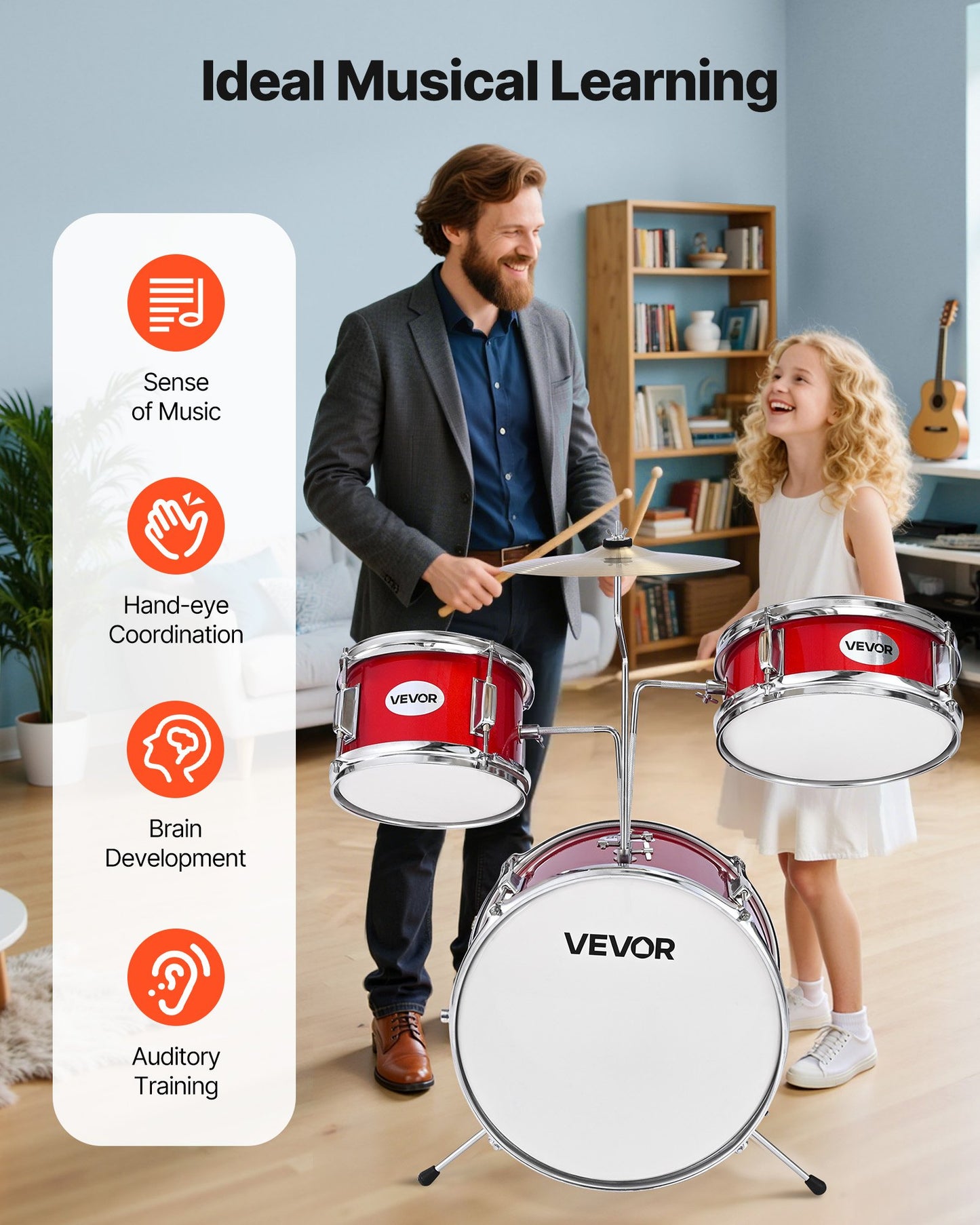 Barntrumset, 3-delat 14 tum / 355,6 mm juniortrumset, trumset för nybörjare med justerbar tron ​​och två par trumstockar, musikaliskt lärande truminstrumentkit, för barn i åldrarna 6-13 (röd)