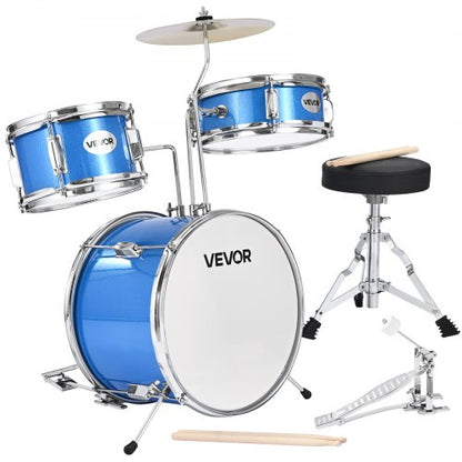 Barntrumset, 3-delat 14 tum / 355,6 mm juniortrumset, trumset för nybörjare med justerbart ställ och två par trumstockar, musikaliskt lärande truminstrumentkit, för barn i åldrarna 6-13 (blå)