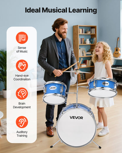 Barntrumset, 3-delat 14 tum / 355,6 mm juniortrumset, trumset för nybörjare med justerbart ställ och två par trumstockar, musikaliskt lärande truminstrumentkit, för barn i åldrarna 6-13 (blå)