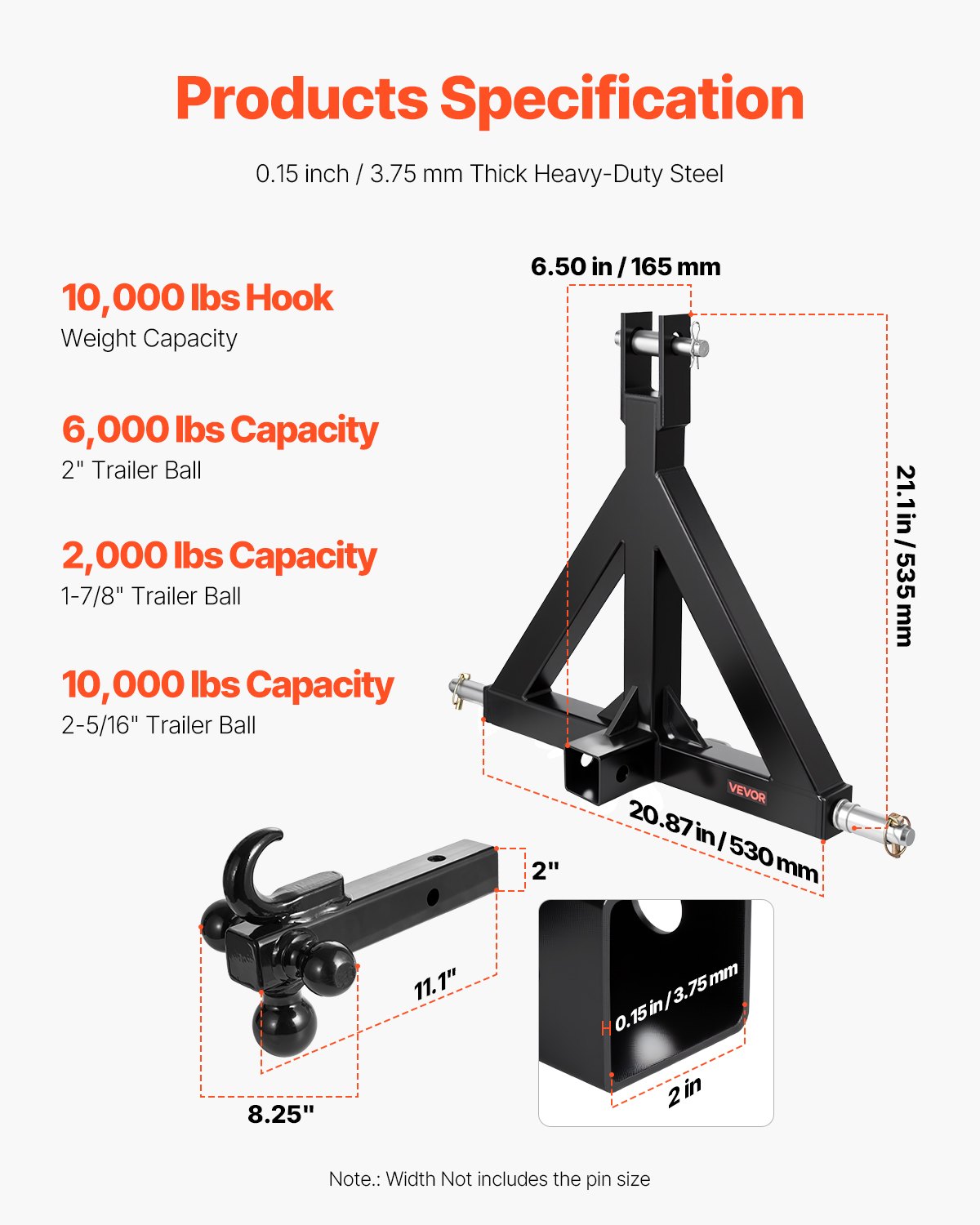 3-punkts dragkrok, 2-tums fäste, 3-punkts snabbkoppling med 3 kulor, dragstångsadapter för traktor, kompatibel med Kubota, Mahindra, Ford, Yanmar, John Deere, Massey Ferguson