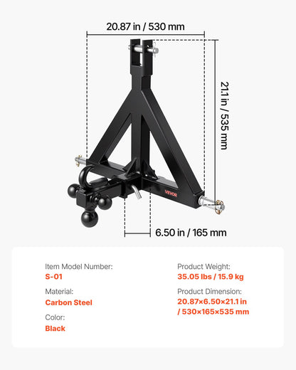 3-punkts dragkrok, 2-tums fäste, 3-punkts snabbkoppling med 3 kulor, dragstångsadapter för traktor, kompatibel med Kubota, Mahindra, Ford, Yanmar, John Deere, Massey Ferguson