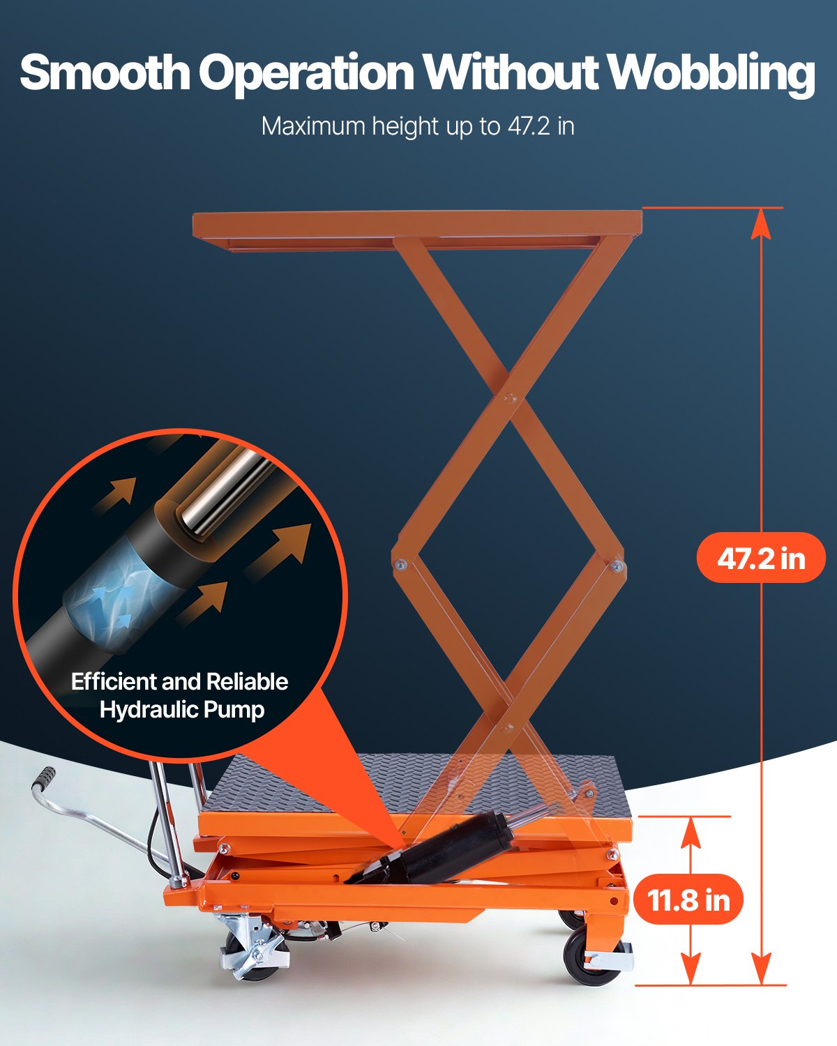 Hydrauliskt lyftbord, 227 kg kapacitet, 127 cm lyfthöjd, dubbel saxlyftbordsvagn med 4 hjul och halkfri dyna, manuell hydraulisk lyftvagn för materialhantering och transport
