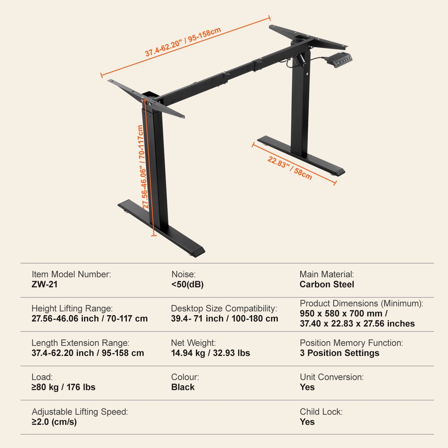 Stående skrivbordsram, justerbar 70-117 cm höjd och 95-158 cm längd elektriska ståben för datorbord, ergonomisk gör-det-själv-arbetsstation för hem och kontor (endast svart ram)