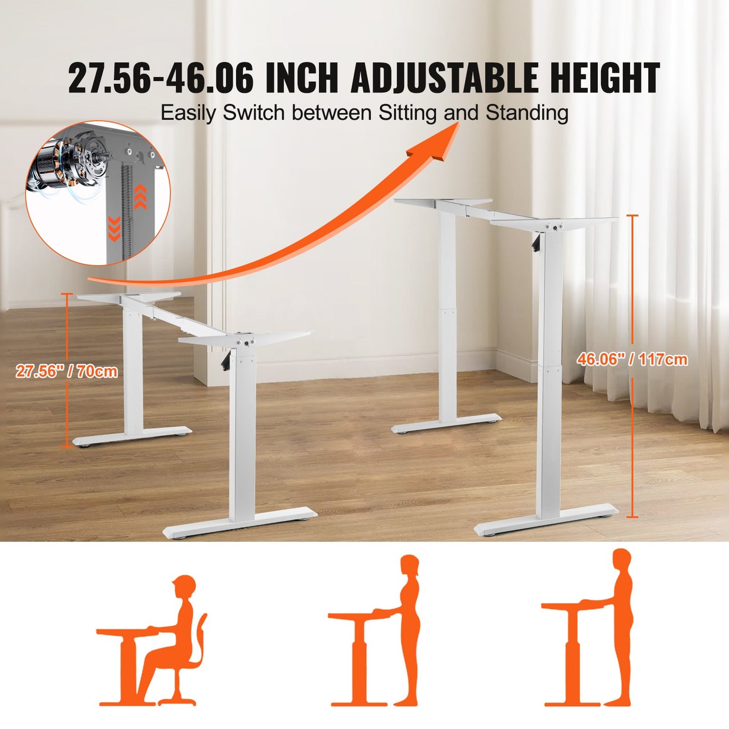 Stående skrivbordsram, justerbar 70-117 cm höjd och 95-158 cm längd elektriska ståben för datorbord, ergonomisk gör-det-själv-arbetsstation för hem och kontor (endast vit ram)