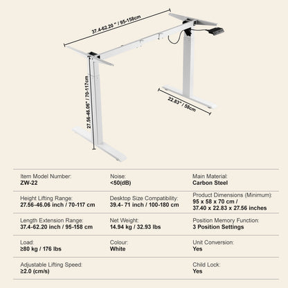 Stående skrivbordsram, justerbar 70-117 cm höjd och 95-158 cm längd elektriska ståben för datorbord, ergonomisk gör-det-själv-arbetsstation för hem och kontor (endast vit ram)