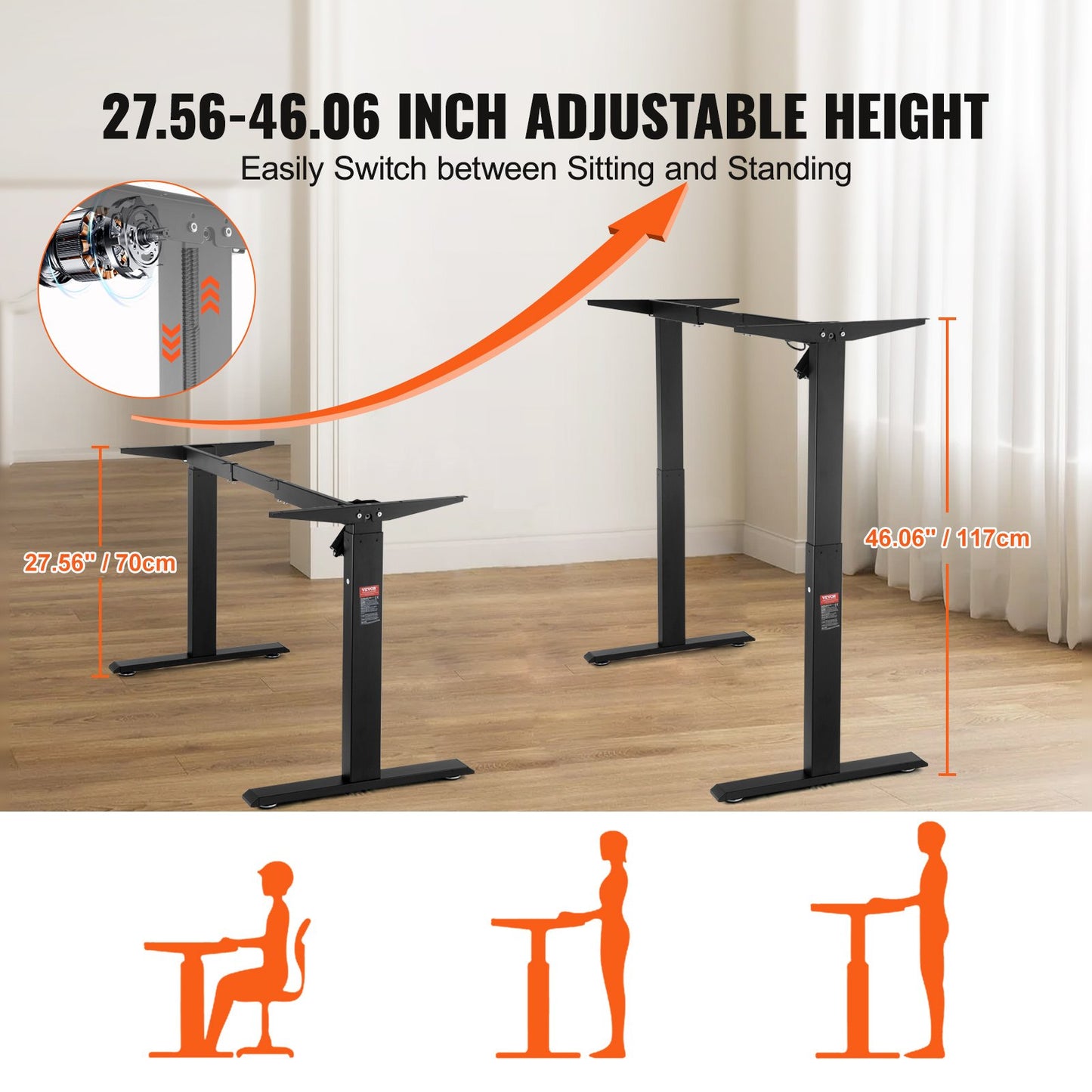 Elektrisk ståbordsram Justerbar 70-117 cm H Stående arbetsstation