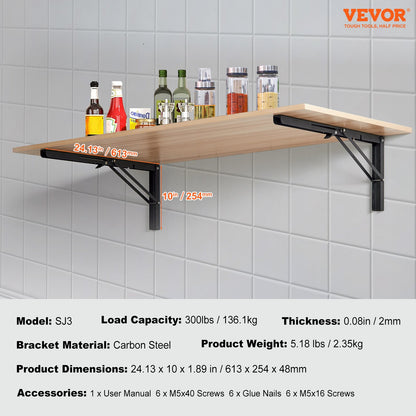 Hyllkonsol vikbar, 24” L 2 st, kraftiga flytande hyllkonsoler, konsoler för hyllor, 5 mm tjock mattsvart L-hyllkonsol, stålhyllkonsoler med 300 lbs lastkapacitet