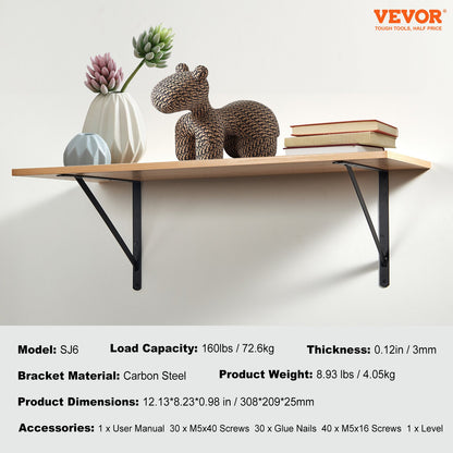 Hyllkonsol, 12 x 8 tum 10 st, kraftiga flytande hyllkonsoler, konsoler för hyllor, 3 mm tjock mattsvart triangulärt hyllkonsol, stålhyllkonsoler med 160 lbs lastkapacitet