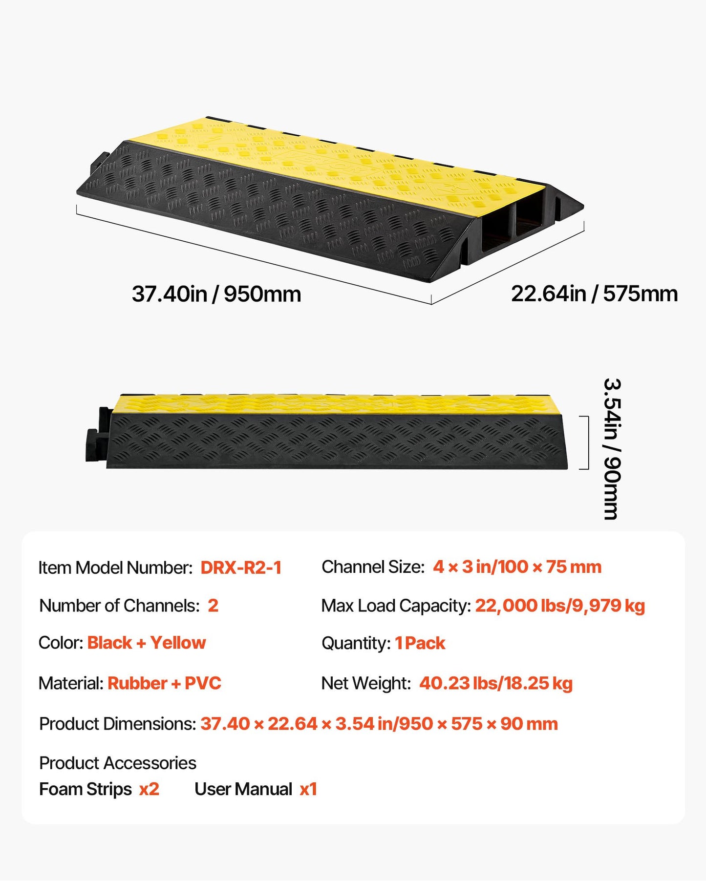 Kabelskyddsramp, 9 979 kg/axelkapacitet, 2-kanaligt kraftigt gummisnöre, slangskydd för slang, 100 x 75 mm kanal, farthinder med öppningsbart topplock, för inomhusbruk och utomhusbruk, 1-pack