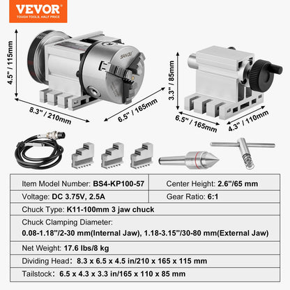 Delningshuvud, K11-100 mm 3-käftschuck, CNC-fräsmaskin Rotationsaxel 4:e axel A-axel indexeringshuvud, 66 mm (2,6 tum)/65 mm centrumhöjd MK2-dubbdocka 6:1 utväxling, universal för gravyr