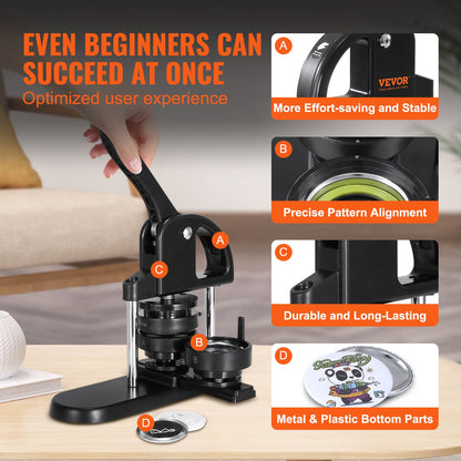 Knappmaskin, 1/1,25/2,28 tum (25/32/58 mm) 3-i-1-nålstillverkare, installationsfritt stanspresskit för märkesknappar, knapptillverkningstillbehör med 300 st knappdelar, cirkelskärare, magisk bok