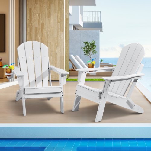 Adirondack-stol i plast, set med 2 vädersäkra bärbara hopfällbara eldstadsstolar, utomhus Adirondack-terrassestol med mugghållare, med ergonomiskt avslappnande armstöd, för trädgård, bakgård - vit