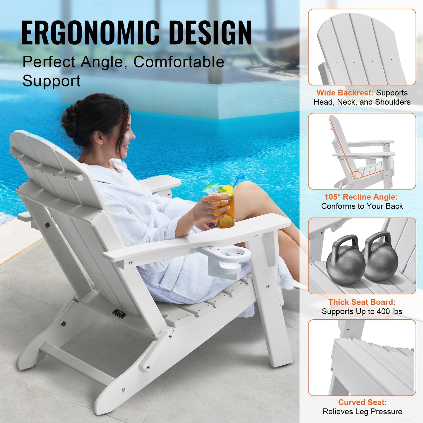 Adirondack-stol i plast, set med 2 vädersäkra bärbara hopfällbara eldstadsstolar, utomhus Adirondack-terrassestol med mugghållare, med ergonomiskt avslappnande armstöd, för trädgård, bakgård - vit