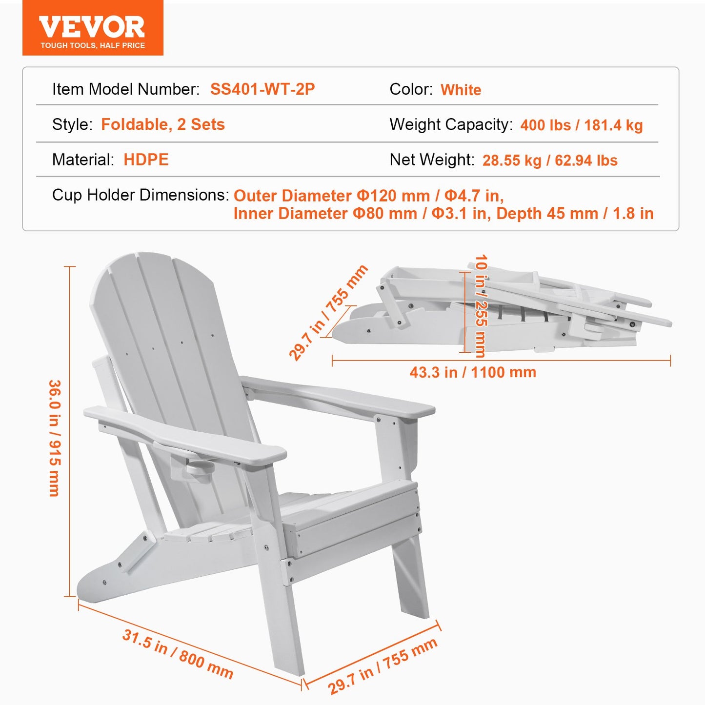 Adirondack-stol i plast, set med 2 vädersäkra bärbara hopfällbara eldstadsstolar, utomhus Adirondack-terrassestol med mugghållare, med ergonomiskt avslappnande armstöd, för trädgård, bakgård - vit