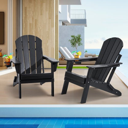 Adirondack Chair Plastic, Set of 2 All-Weather Portable Folding Fire Pit Chair, Outdoor Adirondack Patio Chair with Cup Holder, with Relaxing Arm Rest Ergonomic, for Garden, Backyard - Black