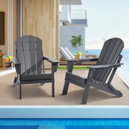 Adirondack-stol i plast, set med 2 vädersäkra bärbara hopfällbara eldstadsstolar, utomhus Adirondack-terrassestol med mugghållare, med ergonomiskt avslappnande armstöd, för trädgård, bakgård - grå