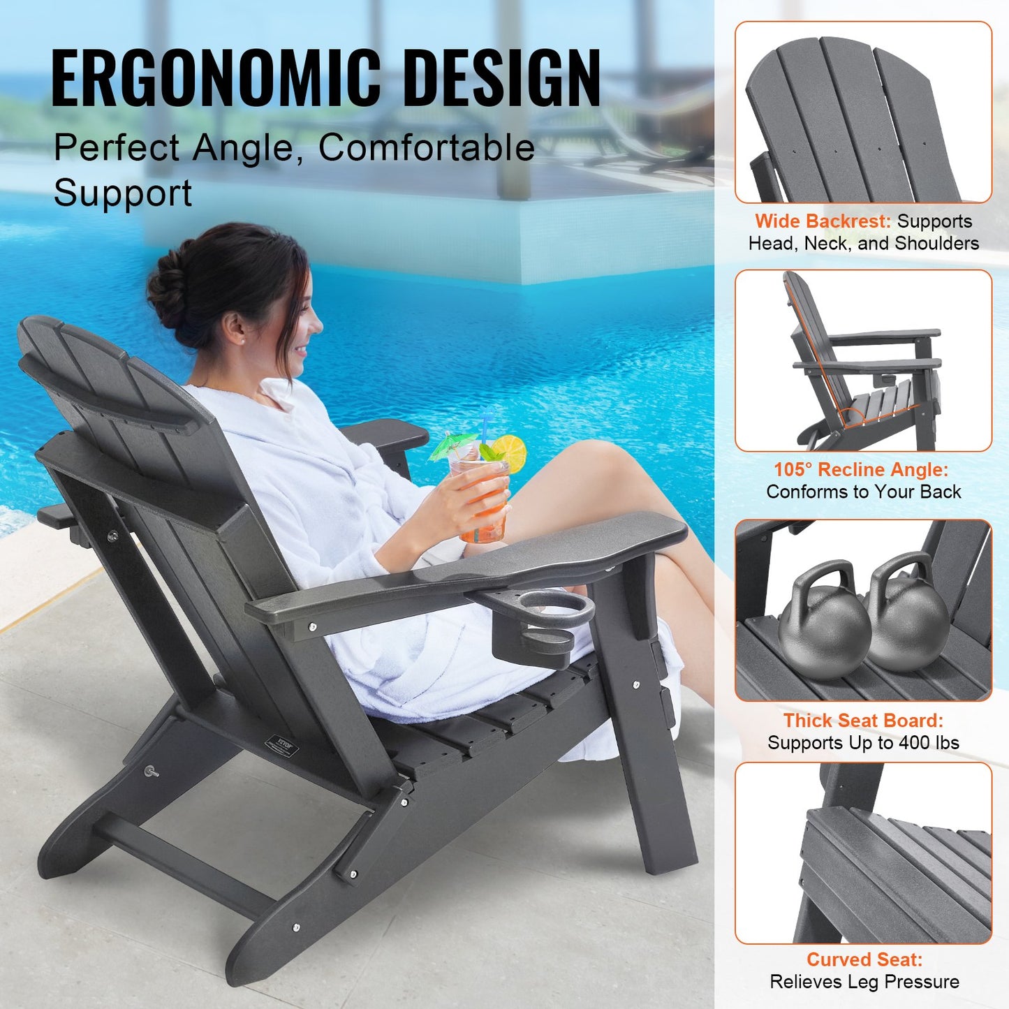 Adirondack-stol i plast, set med 2 vädersäkra bärbara hopfällbara eldstadsstolar, utomhus Adirondack-terrassestol med mugghållare, med ergonomiskt avslappnande armstöd, för trädgård, bakgård - grå