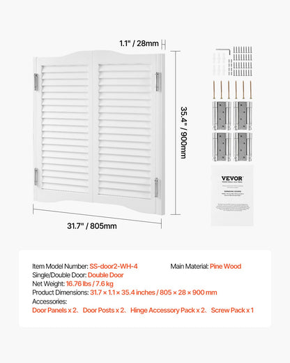 Swinging Cafe Doors, Arched Top Interior Saloon Doors 81.3 x 91.4 cm, Double Action Made of Pine Wood, with Hinges & Hardware Kit, Easy to Install, for Hallway Kitchen Bar Pub Entrance, White
