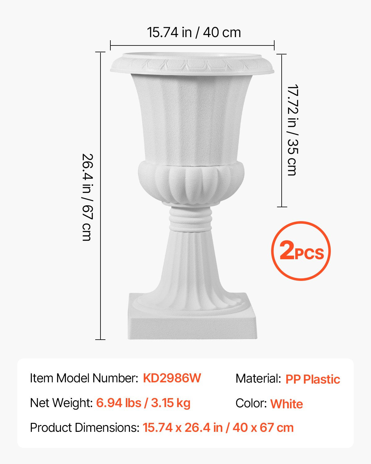 Plasturnplanter, 40 x 67 cm, 2-pack vita klassiska blomkrukor för veranda, inomhus- och utomhusvas för bröllop, fest, evenemang, hem, scen, trädgård, balkong, uteplatsdekoration