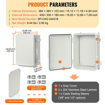 Outdoor Electrical Junction Box, 430 x 330 x 180 mm, ABS Plastic Electrical Enclosure Box with Hinged Cover Stainless Steel Latch, IP67 Dustproof Waterproof for Outdoor Electrical Projects