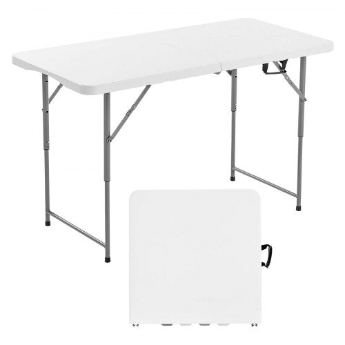 Hopfällbart bord, 1,2 meter kraftigt, bärbart och halvt hopfällbart verktygsbord, rektangulärt plastbord för inomhusbruk med justerbar höjd och inbyggt handtag, för fest, middagar, picknick, camping, vit