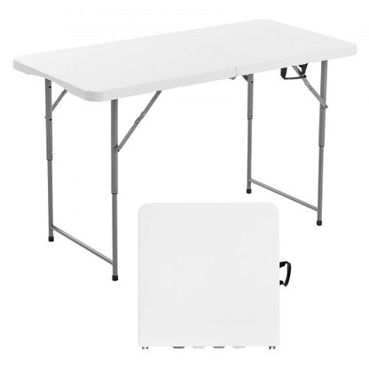 Hopfällbart bord, 1,2 meter kraftigt, bärbart och halvt hopfällbart verktygsbord, rektangulärt plastbord för inomhusbruk med justerbar höjd och inbyggt handtag, för fest, middagar, picknick, camping, vit