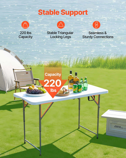 Hopfällbart bord, 1,2 meter kraftigt, bärbart och halvt hopfällbart verktygsbord, rektangulärt plastbord för inomhusbruk med justerbar höjd och inbyggt handtag, för fest, middagar, picknick, camping, vit