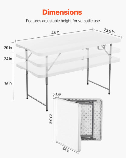 Hopfällbart bord, 1,2 meter kraftigt, bärbart och halvt hopfällbart verktygsbord, rektangulärt plastbord för inomhusbruk med justerbar höjd och inbyggt handtag, för fest, middagar, picknick, camping, vit