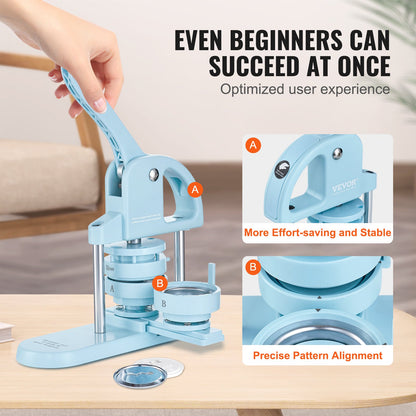 Knapptillverkare, 1/1,25/2,28 tum (25/32/58 mm) 3-i-1-stifttillverkare, 300 st. knappdelar, knappmaskin med Panda-magibok, ergonomiskt båghandtag, stanspresskit för barn, gör-det-själv-presenter, blå