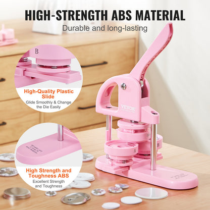 Knapptillverkare, 1/1,25/2,28 tum (25/32/58 mm) 3-i-1-stifttillverkare, 300 st. knappdelar, knappmaskin med Panda-magisk bok, ergonomiskt båghandtag, stanspresskit för barn, gör-det-själv-presenter, rosa