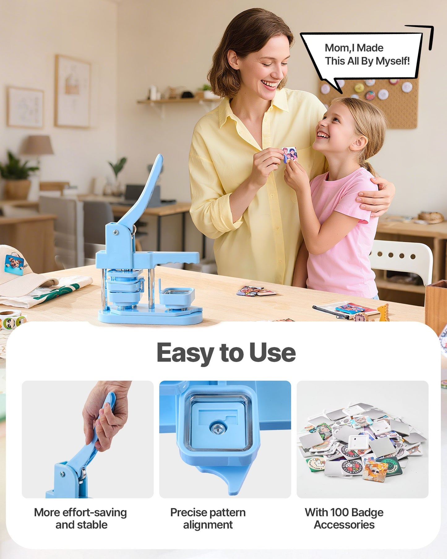 Knappmaskin, 50 x 50 mm fyrkantig, plastnålstillverkare med framskal i plåt, bakstycke i plast, magnetiska baksidor och transparenta filmer, ergonomiskt handtag, för gör-det-själv-märken, blå