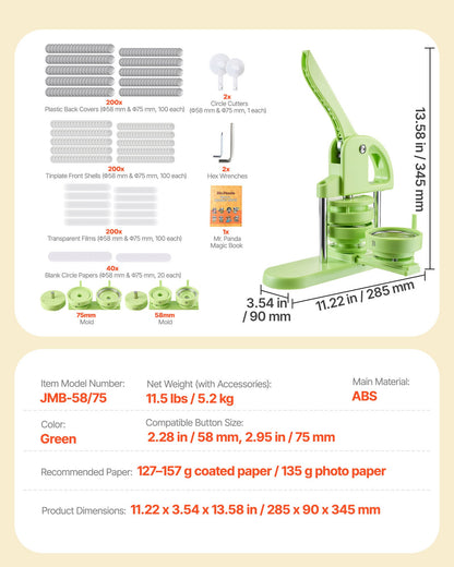 Knappmaskin, 58 mm / 75 mm 2-i-1, Plastnålstillverkare med 200 st knappdelar, Cirkelskärare och Magisk Bok, Förstärkt Ergonomiskt Handtag, För DIY-Brickor, Personliga Nålar, Grön