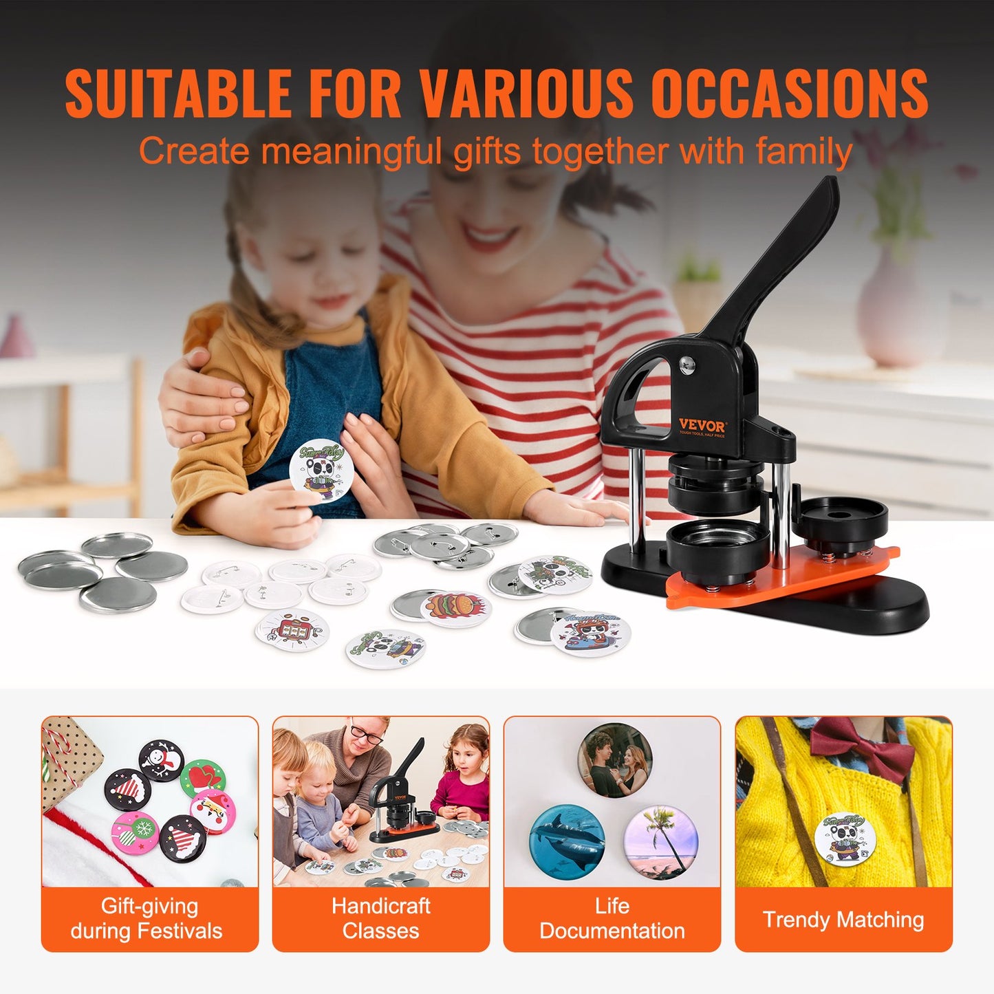 Knappmaskin, 2,28 tum/58 mm nåltillverkare, installationsfri stanspress för märkestryck, DIY-presenter för barn, knapptillverkningstillbehör med 500 st knappdelar, cirkelskärare, magisk bok