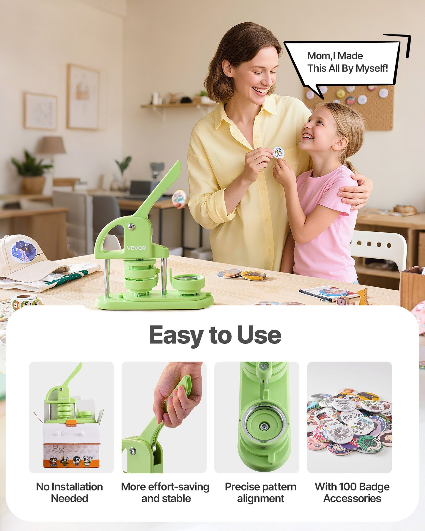 Knappmaskin, 58 mm, plastnålstillverkare med 100 st knappdelar, cirkelskärare och insexnycklar, förstärkt ergonomiskt handtag, för gör-det-själv-märken, personliga nålar och nyckelringar, grön