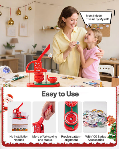 Knappmaskin, 58 mm, plastnålstillverkare med 100 st knappdelar, cirkelskärare och insexnycklar, förstärkt ergonomiskt handtag, för gör-det-själv-märken, personliga nålar och nyckelringar, röd