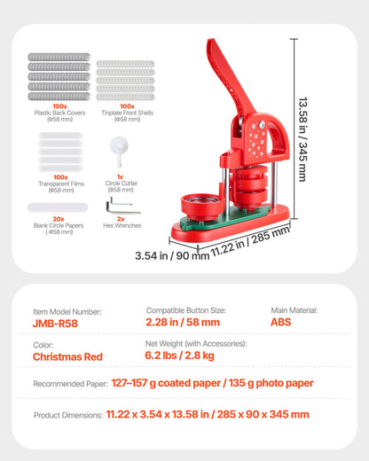 Knappmaskin, 58 mm, plastnålstillverkare med 100 st knappdelar, cirkelskärare och insexnycklar, förstärkt ergonomiskt handtag, för gör-det-själv-märken, personliga nålar och nyckelringar, röd